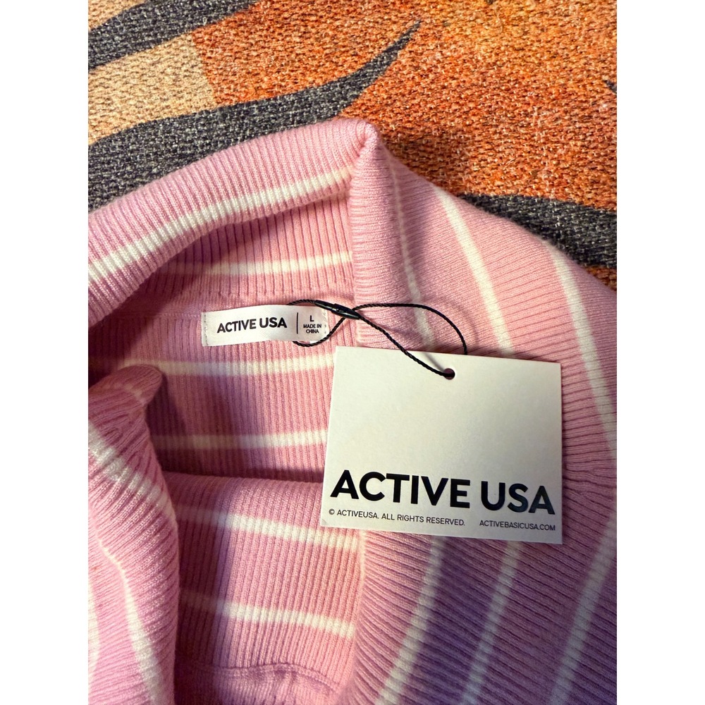 Active USA Pink White Striped Ribbed Off The Shoulder Soft Top NWT L